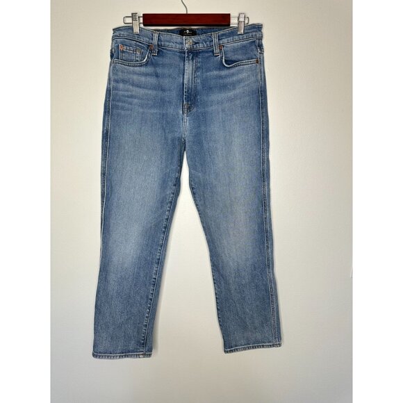 7 For All Mankind Blue Jeans High Waist Cropped Straight Size 30 - Picture 1 of 12